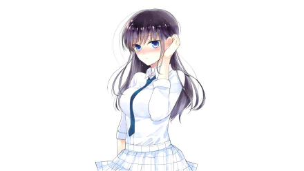 HD anime desktop wallpaper featuring Ao Horie from Ao-chan Can't Study! with a white blouse, blue tie, and plaid skirt against a plain background.