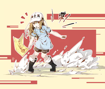 HD anime desktop wallpaper featuring Platelet from Cells at Work! in dynamic action pose with her signature hat and flag, set against a stylish background.