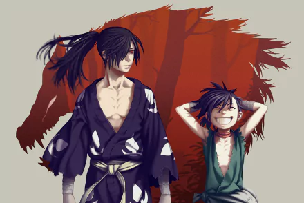 HD anime wallpaper featuring Hyakkimaru with black hair and a serious expression, standing next to Dororo with red eyes and a wide smile, set against a red silhouette background.
