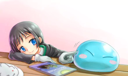 HD PC wallpaper of Chloe Aubert reclining at a desk, pointing at Rimuru Tempest's smiling blue slime — anime scene from That Time I Got Reincarnated as a Slime