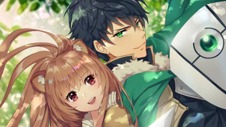 HD wallpaper of Raphtalia and Naofumi Iwatani from The Rising of the Shield Hero anime, featuring vibrant green and brown eyes, and black and brown hair.