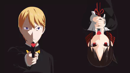 HD desktop wallpaper and background vector image featuring Miyuki Shirogane and Kaguya Shinomiya from the anime Kaguya-sama: Love is War, both holding objects shaped like guns.