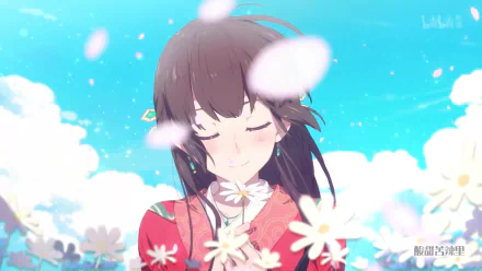 Anime-style HD desktop wallpaper featuring a serene character from Meng Qi Shi Shen surrounded by flowers under a bright blue sky.
