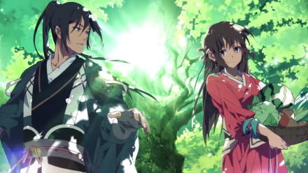 Meng Qi Shi Shen HD PC wallpaper: two anime characters—a dark-haired man in traditional robes and a brown-haired woman in red—stand before a glowing tree in a sunlit forest.