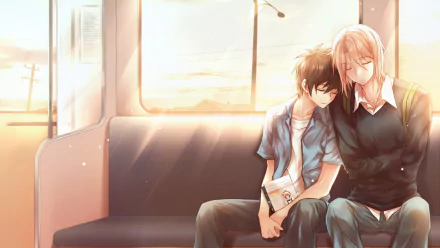 HD anime wallpaper featuring Shirō Ashiya and Sadao Maou from The Devil Is a Part-Timer! sitting closely together on a bus during sunset.