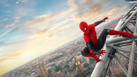 Spider-Man crouches on a metal structure overlooking a cityscape, from Spider-Man: Far From Home movie, in a vibrant HD wallpaper.