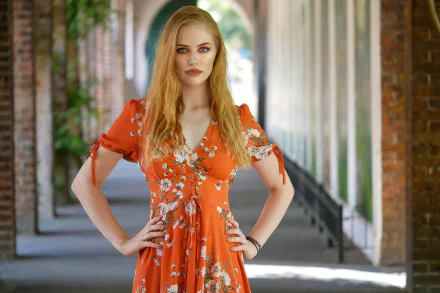 lipstick blue eyes blonde depth of field orange dress woman model HD Desktop Wallpaper | Background Image