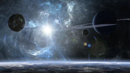 A 4K Ultra HD sci-fi space scene featuring a glowing star, multiple planets, and a cosmic nebula set against a dark, expansive cosmic background.