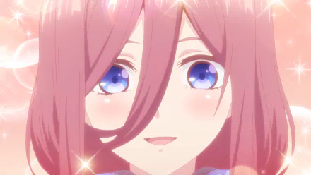 HD anime wallpaper featuring Miku Nakano from The Quintessential Quintuplets, showcasing her gentle expression and vibrant blue eyes with a soft, glowing background.