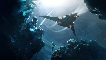 HD desktop wallpaper of Star Citizen video game, featuring a spacecraft navigating through an asteroid field in deep space.