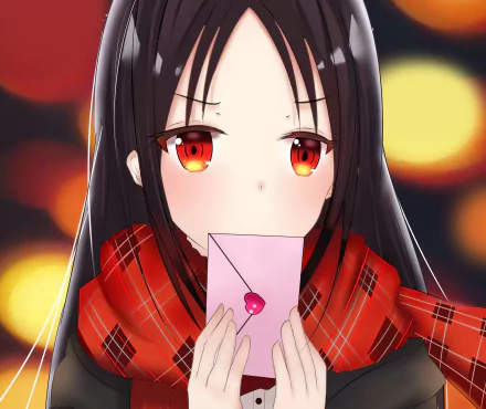 HD PC desktop wallpaper featuring Kaguya Shinomiya from the anime Kaguya-sama: Love is War, holding a pink envelope with a red wax seal against a blurred light background.