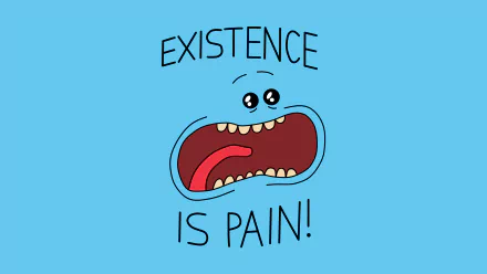 HD desktop wallpaper featuring Mr. Meeseeks from the TV show Rick and Morty with the text Existence is Pain! on a light blue background.