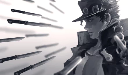 HD anime wallpaper featuring Jotaro Kujo from JoJo's Bizarre Adventure: Stardust Crusaders, wearing his signature hat, surrounded by flying knives in a dynamic monochrome style.