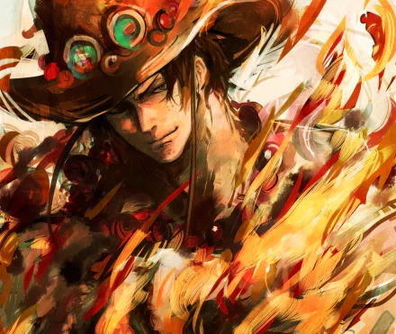 HD PC desktop wallpaper featuring Portgas D. Ace from the anime One Piece, depicted with dynamic flames and intense expression in a vibrant, artistic style.