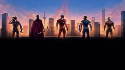 A stunning HD wallpaper of key Marvel heroes from Avengers: Endgame—Hawkeye, Thor, Iron Man, Captain America, and Ant-Man—silhouetted against a city skyline at sunset.