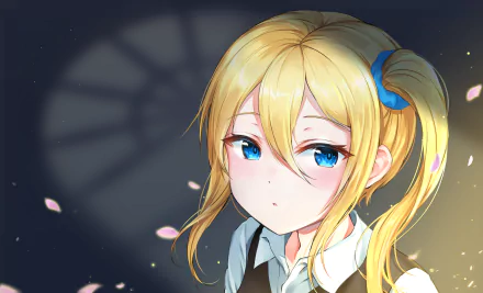 HD desktop wallpaper featuring Ai Hayasaka from Kaguya-sama: Love is War, showcasing her blonde hair and blue eyes against a delicate background with falling petals.