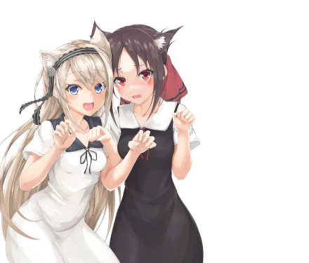 HD desktop wallpaper featuring Kaguya Shinomiya and Kei Shirogane from Kaguya-sama: Love is War in playful cat costumes.