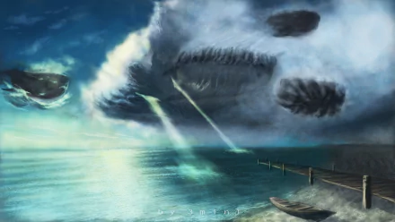 HD anime original desktop wallpaper depicting a surreal ocean scene with floating rocks, beams of light piercing through dramatic clouds, and a wooden pier extending into the water.