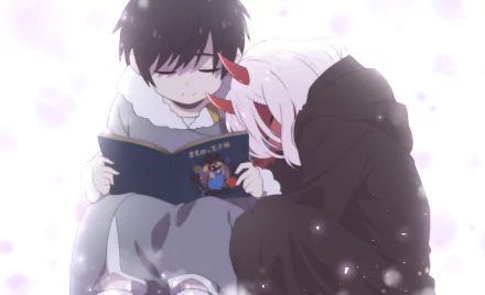 Anime characters Zero Two and Hiro from Darling in the FranXX share a quiet moment reading a book together. This HD desktop wallpaper captures a tender scene from the series.