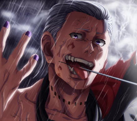 HD desktop wallpaper featuring Hidan from the anime Naruto. The image portrays Hidan in a dramatic scene under the rain, displaying a fierce expression with a rod through his cheek.