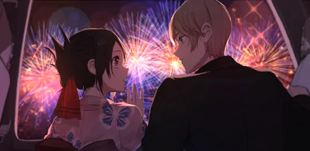 HD anime wallpaper featuring Miyuki Shirogane and Kaguya Shinomiya from Kaguya-sama: Love is War, watching colorful fireworks light up the night sky.