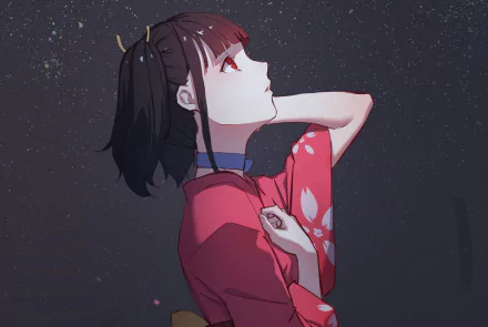 HD PC desktop wallpaper featuring Mumei from the anime Kabaneri of the Iron Fortress, depicted in a red kimono against a dark, starry background.