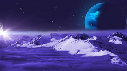 A 4K Ultra HD Sci-Fi landscape featuring a snowy alien mountain range under a starry space sky with a large blue planet in the background.