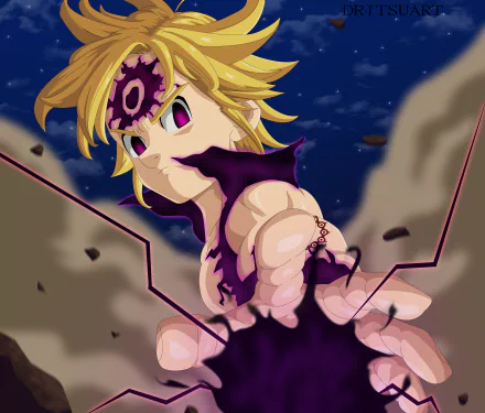 Meliodas (The Seven Deadly Sins) in demon form, glowing purple eyes and dark void markings, reaching out amid rubble — anime 5K Ultra HD PC desktop wallpaper/background.