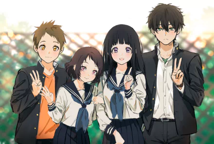 This HD desktop wallpaper features Hōtarō Oreki, Mayaka Ibara, Satoshi Fukube, and Eru Chitanda from the anime Hyouka, standing together with two characters making peace signs.