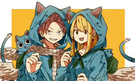 HD Fairy Tail anime wallpaper: Natsu Dragneel and Lucy Heartfilia smile in matching blue cat-hooded outfits with Happy peeking behind — bright, cheerful PC desktop background.