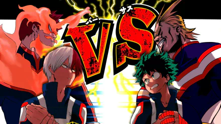 HD My Hero Academia wallpaper featuring Toshinori Yagi (All Might), Endeavor, Shoto Todoroki, and Izuku Midoriya facing off with a bold VS graphic.