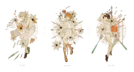 HD desktop wallpaper featuring Ray, Norman, and Emma from the anime The Promised Neverland, surrounded by artistic floral motifs.