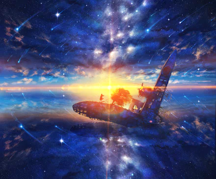 HD desktop wallpaper featuring an anime-style airplane flying through a starry sky at sunset, with reflections of trees and shooting stars visible.
