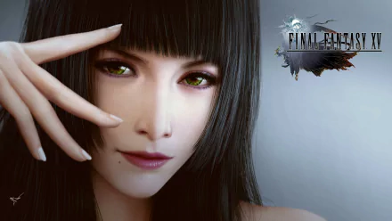 HD PC wallpaper: close-up of Shiva from Final Fantasy XV — pale, dark-haired woman with green eyes and the Final Fantasy XV logo in the corner.