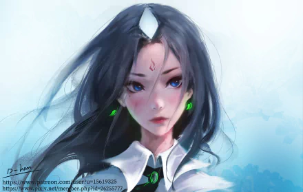 Anime original 2K Quad HD PC desktop wallpaper: blue-eyed girl with long dark hair, white forehead gem, neon green earrings and pendant, wearing a white-collared outfit on a soft blue background.