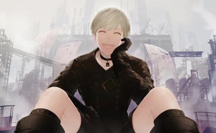 YoRHa No.9 Type S from NieR: Automata, smiling seated with knees forward against a foggy industrial skyline — HD PC desktop wallpaper/background.