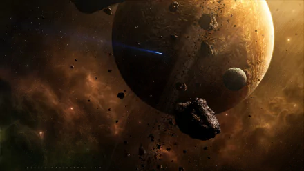 HD PC desktop wallpaper depicting a sci-fi space scene with a large planet, smaller moons, and floating asteroids surrounded by cosmic clouds and a distant blue light streak.