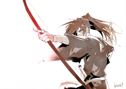 HD anime desktop wallpaper featuring Hyakkimaru from Dororo in a dynamic pose drawing a red-tipped bow, captured with clean lines and a bright white background.