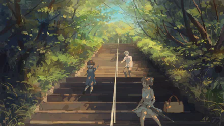 An HD desktop wallpaper featuring characters Ushio Okazaki, Nagisa Furukawa, and Tomoya Okazaki from the anime Clannad, set against a serene, sunlit forest with stairs leading into the distance.