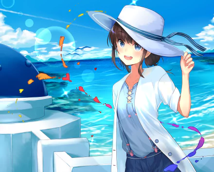 Anime-style summer beach scene with clear blue sky, sparkling sea, and a girl in a wide-brimmed hat, captured in vibrant HD for a PC desktop wallpaper background.