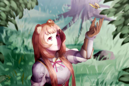 HD PC wallpaper featuring Raphtalia from The Rising of the Shield Hero with brown hair and pink eyes, reaching out to a butterfly in a lush, rainy forest setting.