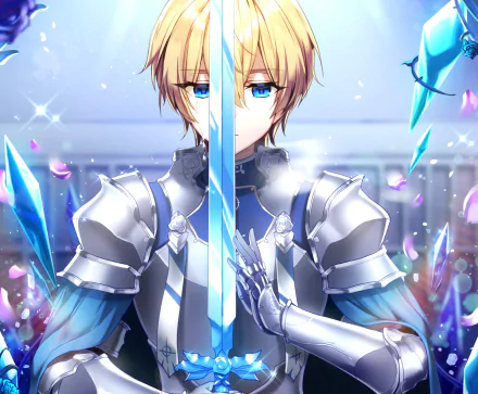 HD desktop wallpaper of Eugeo from Sword Art Online: Alicization. The anime character is shown in armor with blonde hair, blue eyes, and holding a sword. The background features vibrant, icy-blue shards and petals.