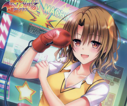Momioka Risa (anime) from To Love-Ru: Darkness, smiling with a red boxing glove in a colorful arcade scene — 2K Quad HD PC desktop wallpaper/background.