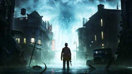 HD PC desktop wallpaper featuring a dark, eerie cityscape from the video game The Sinking City, with a lone figure facing a massive, glowing sea creature in the flooded streets.
