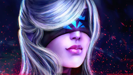 HD desktop wallpaper featuring a white-haired Revenant character from Guild Wars 2, blindfolded with glowing blue symbols, set against a dark, mystical background.