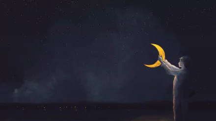 Anime-themed HD PC desktop wallpaper featuring a night scene with a figure reaching out to hold a glowing crescent moon against a starry sky.