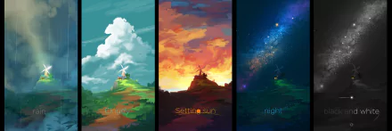 HD Anime desktop wallpaper with three panels illustrating a windmill on a hill under different skies: cloudy, setting sun, and night with stars. The image is tagged as Original.