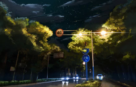 An anime-style HD wallpaper depicting a serene night scene on a road, illuminated by streetlights with a car in the distance. The sky is filled with stars, and trees line both sides of the road.