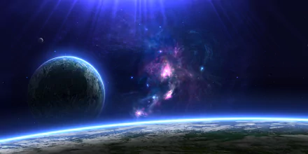 HD Sci-Fi desktop wallpaper and background depicting a space scene with a planet, stars, and a colorful nebula.