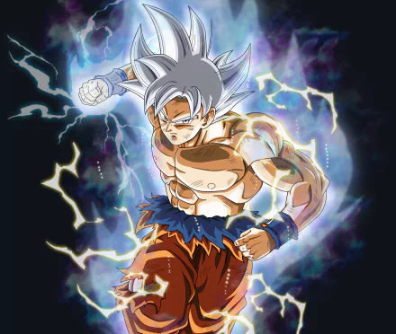 Ultra Instinct Goku (Dragon Ball Super) in silver-haired anime form, crackling aura and lightning, dynamic battle pose — 2K Quad HD PC wallpaper/background.